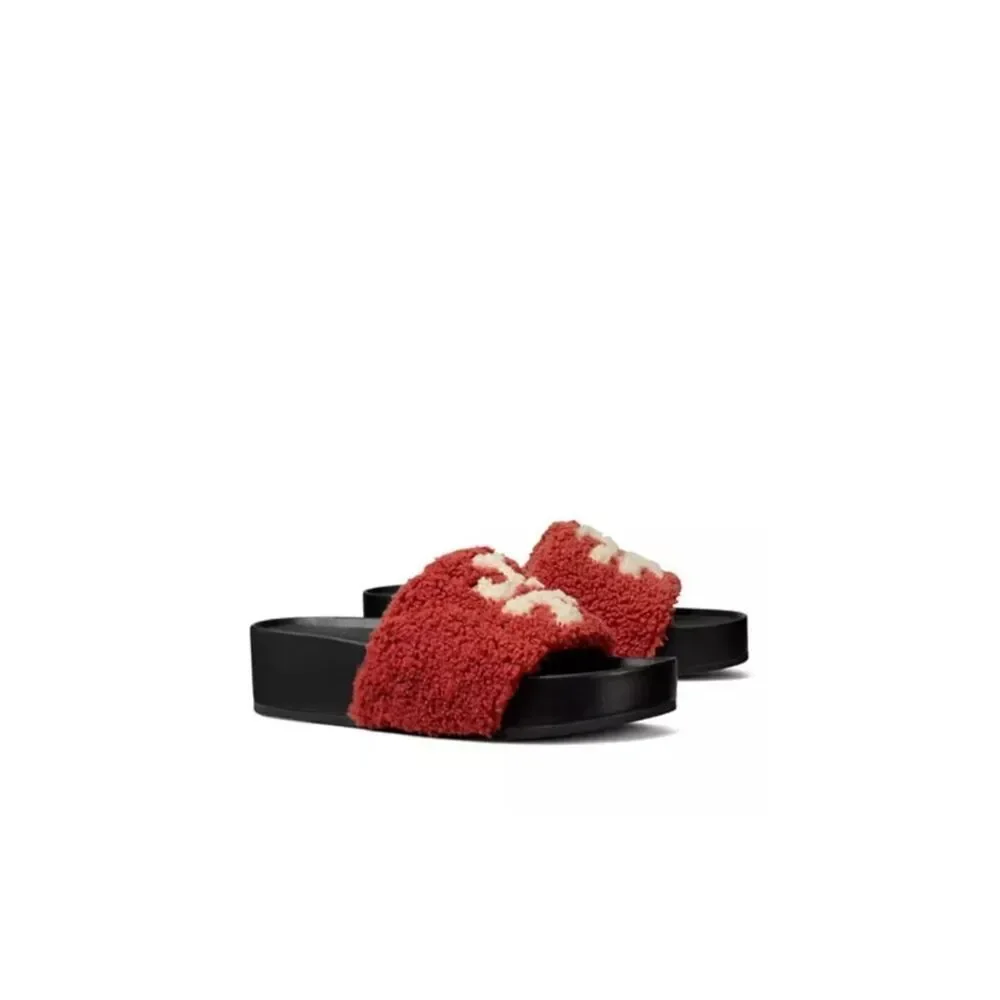NEW Tory Burch Double T Fuzzy Shearling Platform Slides Sandals Slippers Sz 10